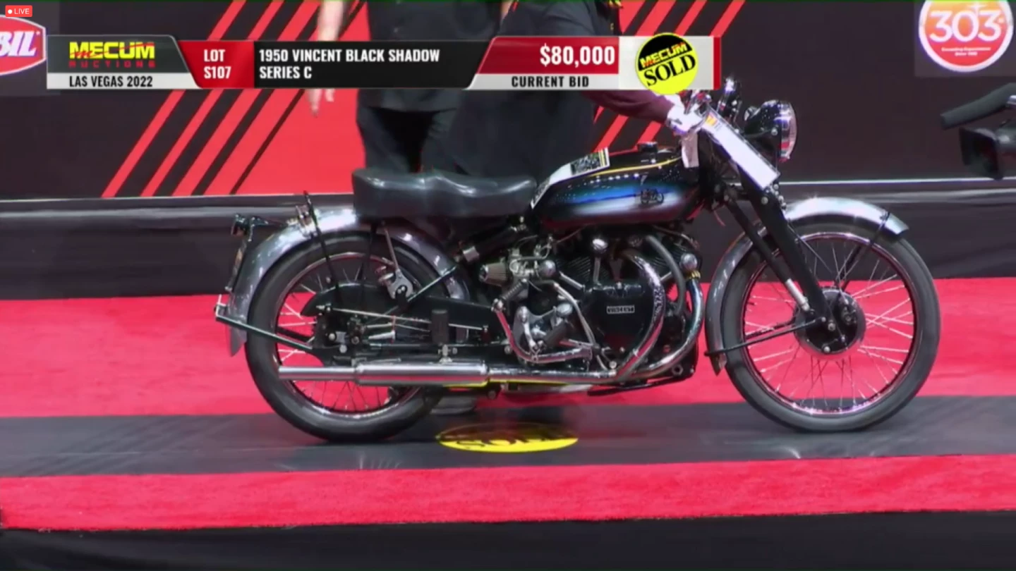 This 1950 Vincent Black Shadow Series C sold for $88,000 ($80,000 hammer plus 10% buyer’s premium) as Lot S107 at Mecum Auctions' Las Vegas sale on Saturday, 29 January 2022