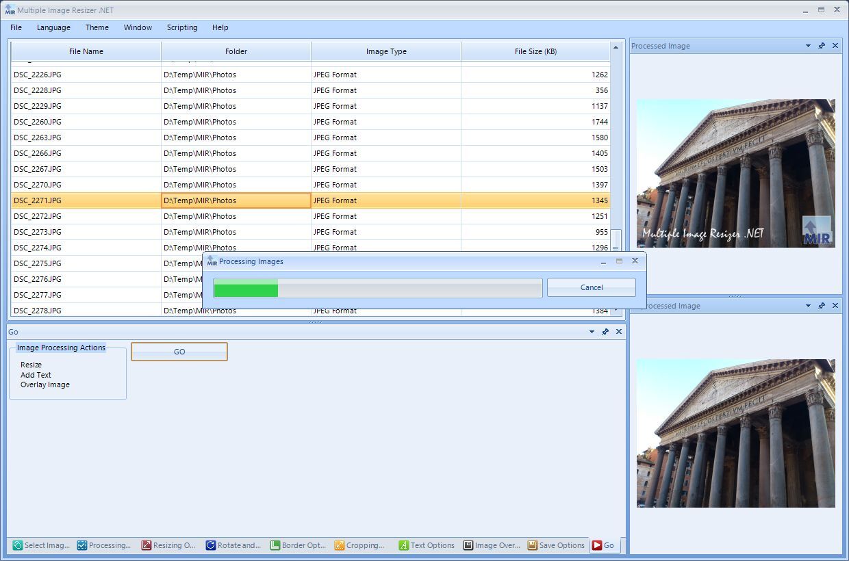 A view of a selection of images being processed