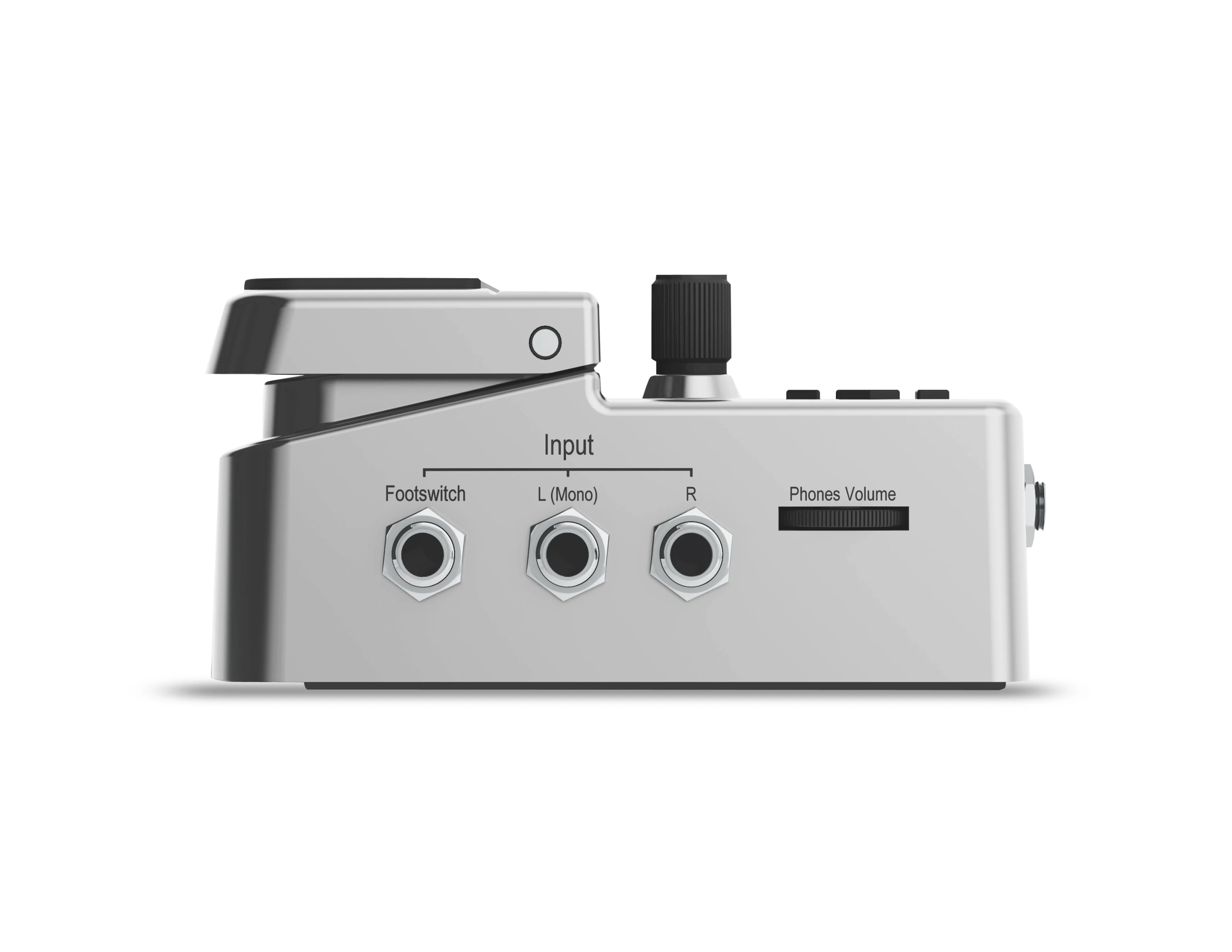 The right side of the anodized aluminum housing is home to an external footswitch input, headphone volume control and mono or stereo input jacks