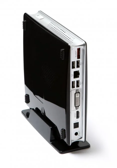 The unit can stand on its end in a desk mount or lay flat