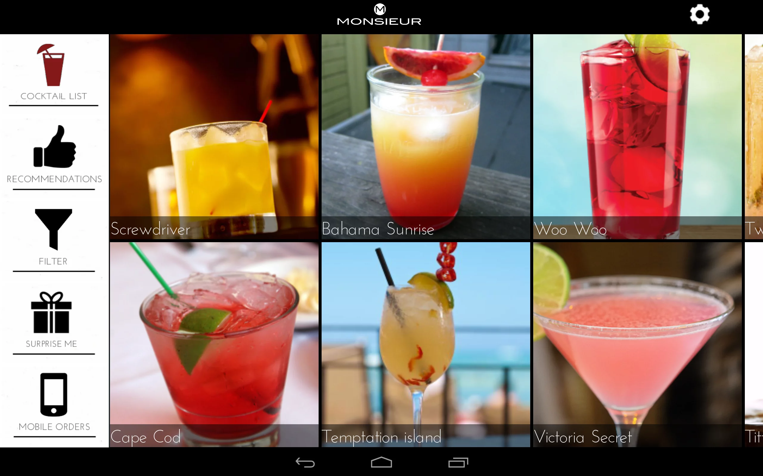Monsieur app drink selections on a tablet