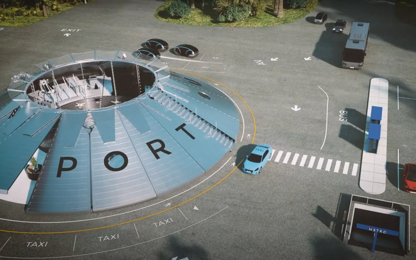 The oversized landing pad lifts and lowers, giving safe access to flight lounges, charging and maintenance areas