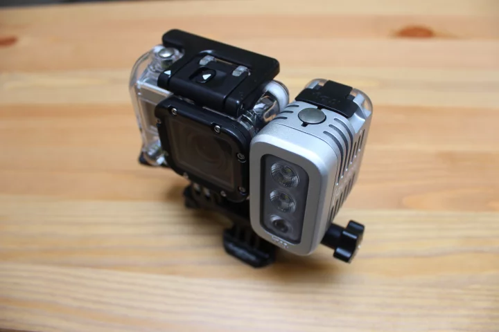 The Qudos Action light, mounted alongside a GoPro Hero 3 White edition camera