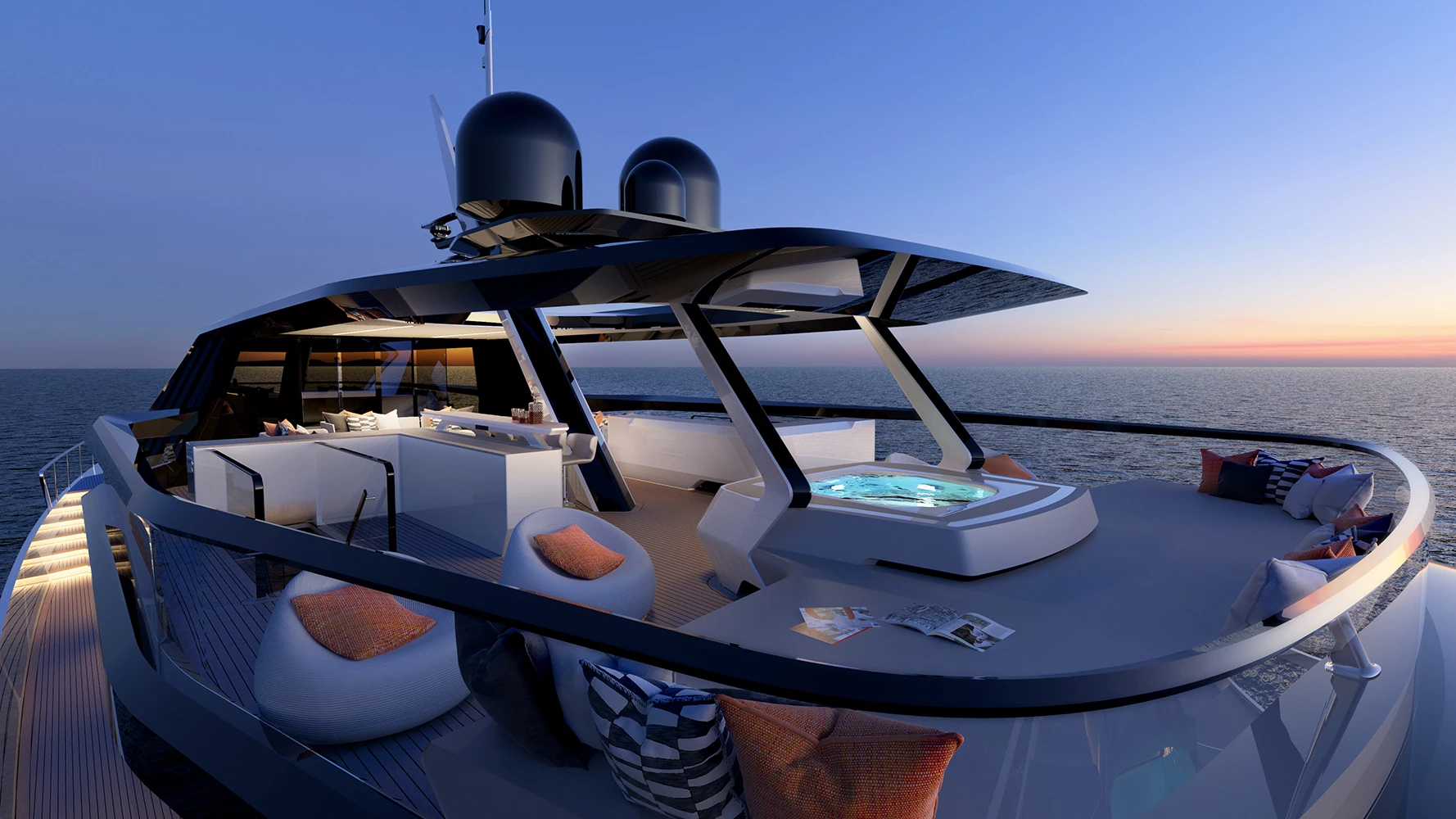 Flybridge deck with hot tub