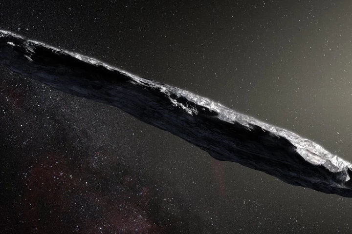 An artist's concept of interstellar asteroid 1I/2017 U1 ('Oumuamua) as it passed through the solar system after its discovery in October 2017