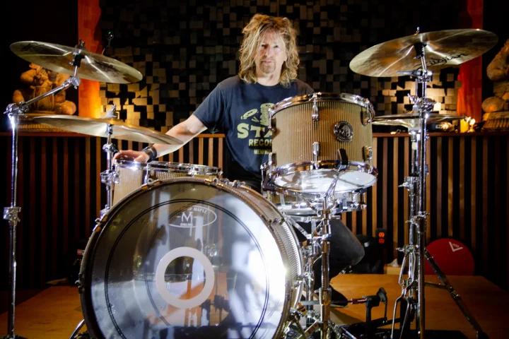 The cardboard-encased drums were thoroughly beaten up by Eric Kretz from Stone Temple Pilots