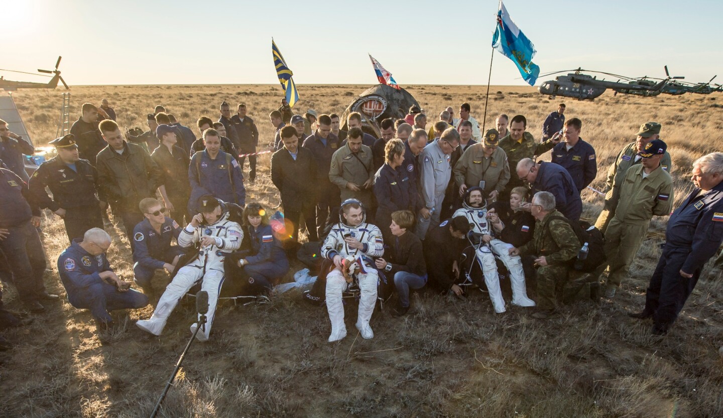 The Soyuz TMA-20M spacecraft is seen as it lands with Expedition 48 crew members