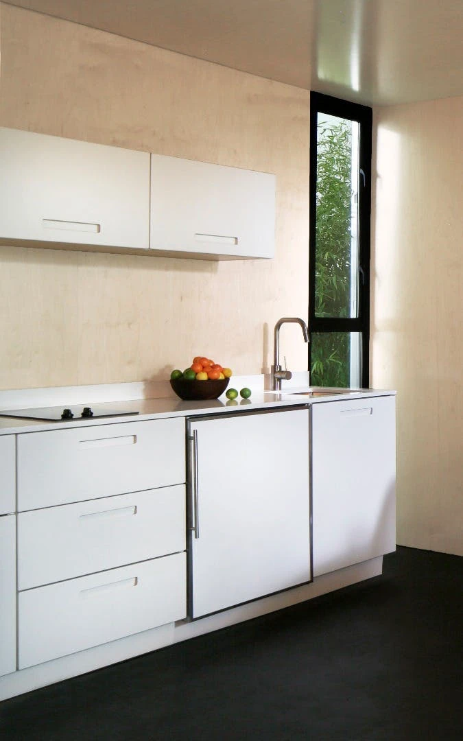 Kitchen inside the Plús Hús, a flatpack modular home with good energy efficiency