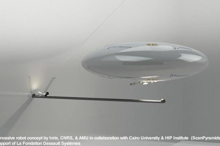 Render of the sensor-backed blimp being deployed to explore inaccessible areas of an ancient building or monument