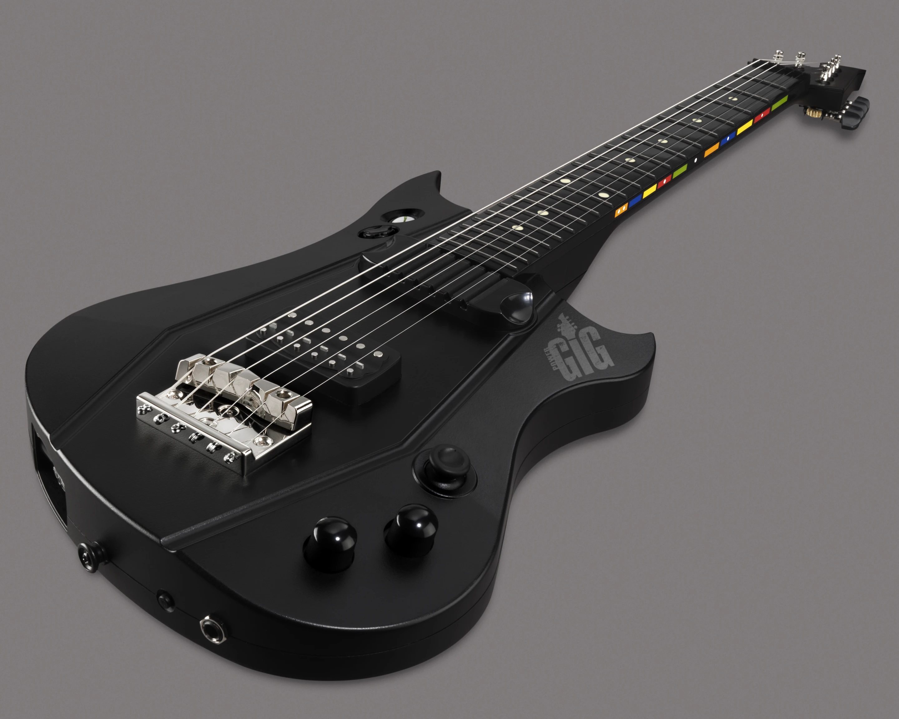 The Power Gig guitar interface features the familiar color coded fret positions but also has real guitar strings and a genuine pickup