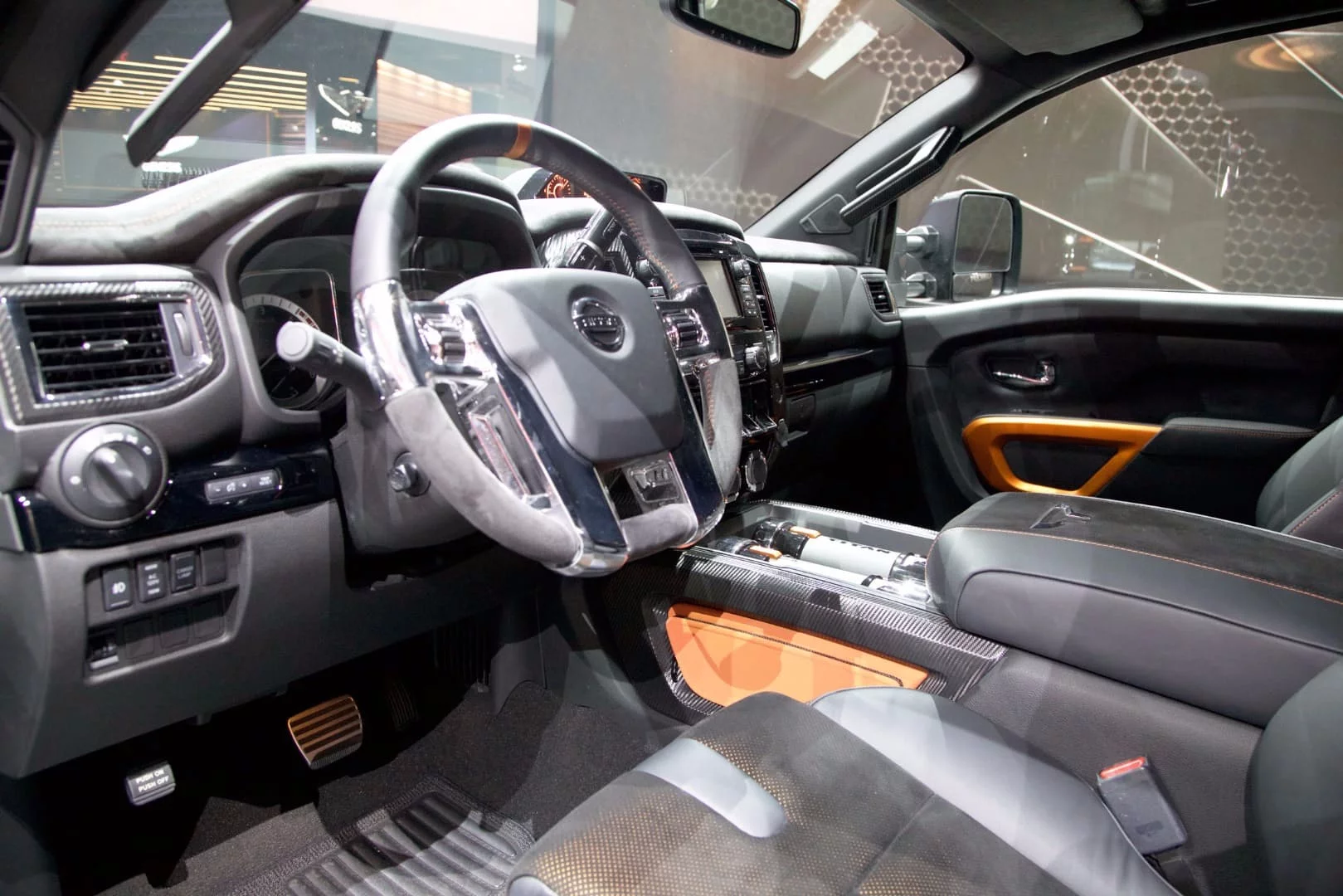 The steering wheel in the Titan XD Warrior is milled aluminum