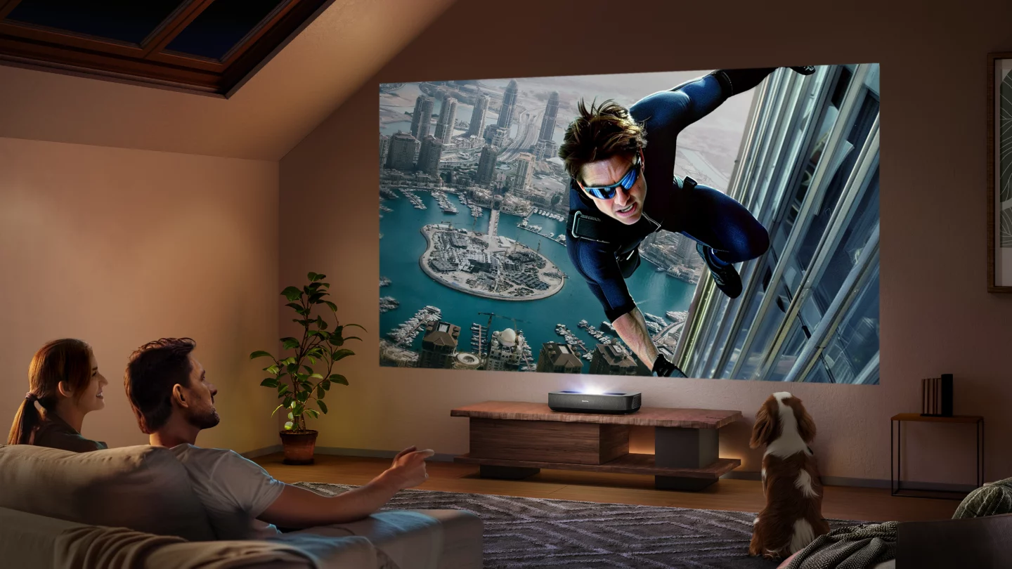 The PL2 Laser Cinema ultra-short-throw projector can produce 4K visuals up to 150 inches when positioned just under 18 inches away from the wall or screen