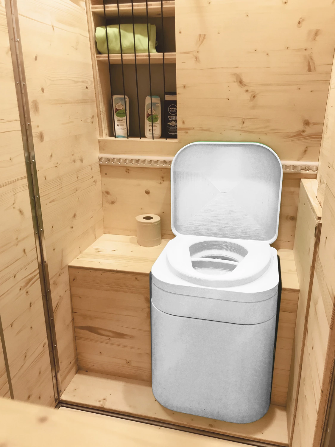 The Max uses a dry separating toilet that Flowcamper estimates can go for several weeks between disposals