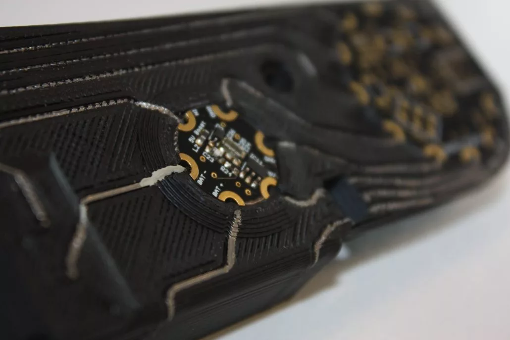A close-up view of the IMPACT hand's 3D-printed circuitry