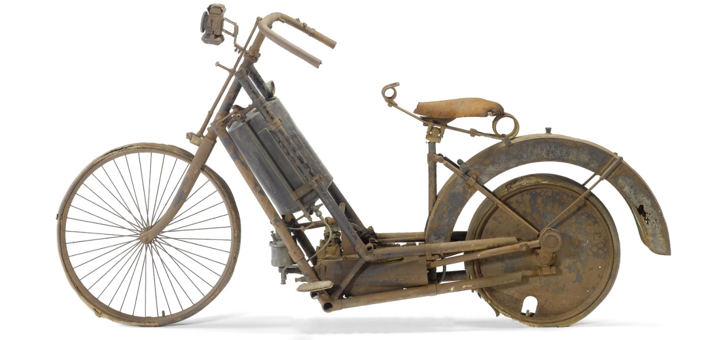Manufactured in Germany, the Hildebrand & Wolfmüller is of the utmost historical significance as the first powered two-wheeler to enter series production, and is the first such vehicle to which the name ‘motorcycle’ (motorrad in German) was ever applied. This unrestored and completely original barnfind 1894 Hildebrand & Wolfmüller went to auction in April, 2010, causing considerable excitement across the world in the preceding months, and finally fetching GBP£86,200 (US$132,550) at a Bonhams' auction in April, 2010.