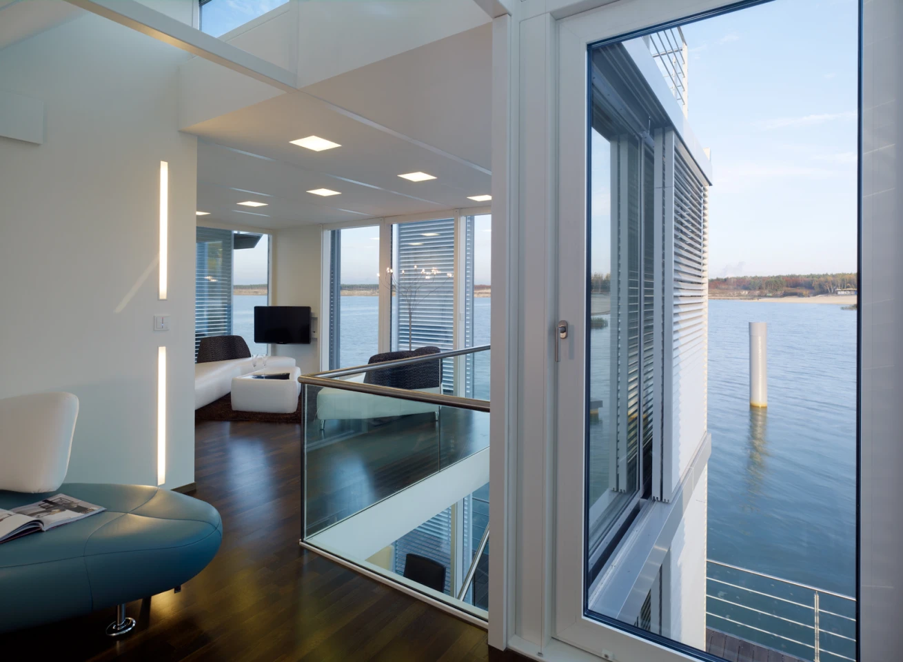The floating home offers scenic waterfront views