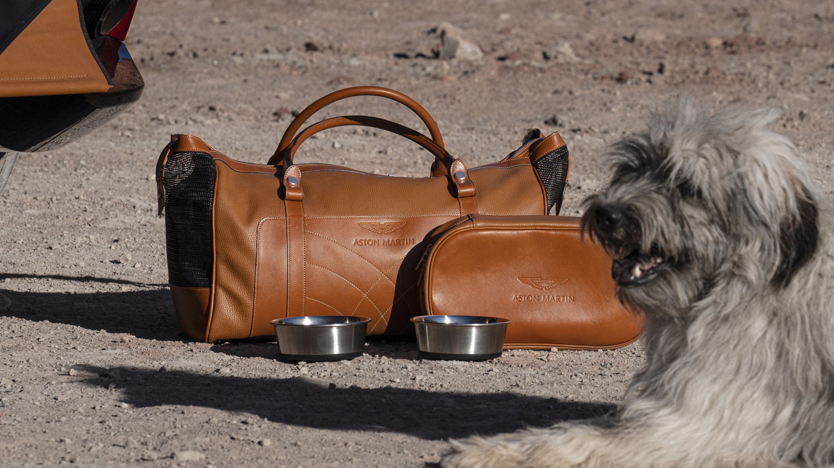 A leather pet bag, dog dishes, and dish carrier are key elements of the Aston Martin DBX's Pet package option