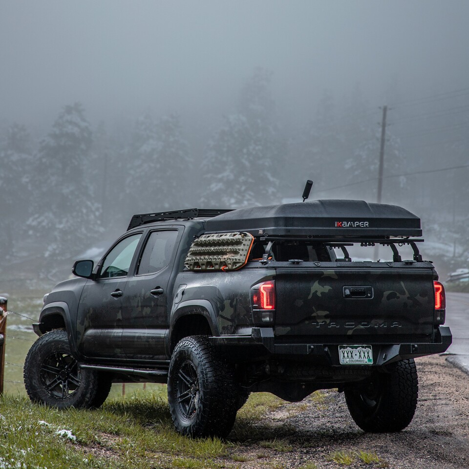 The new Skycamp Mini creates a nice, clean Tacoma adventure rig, leaving the full roof rack available for storage