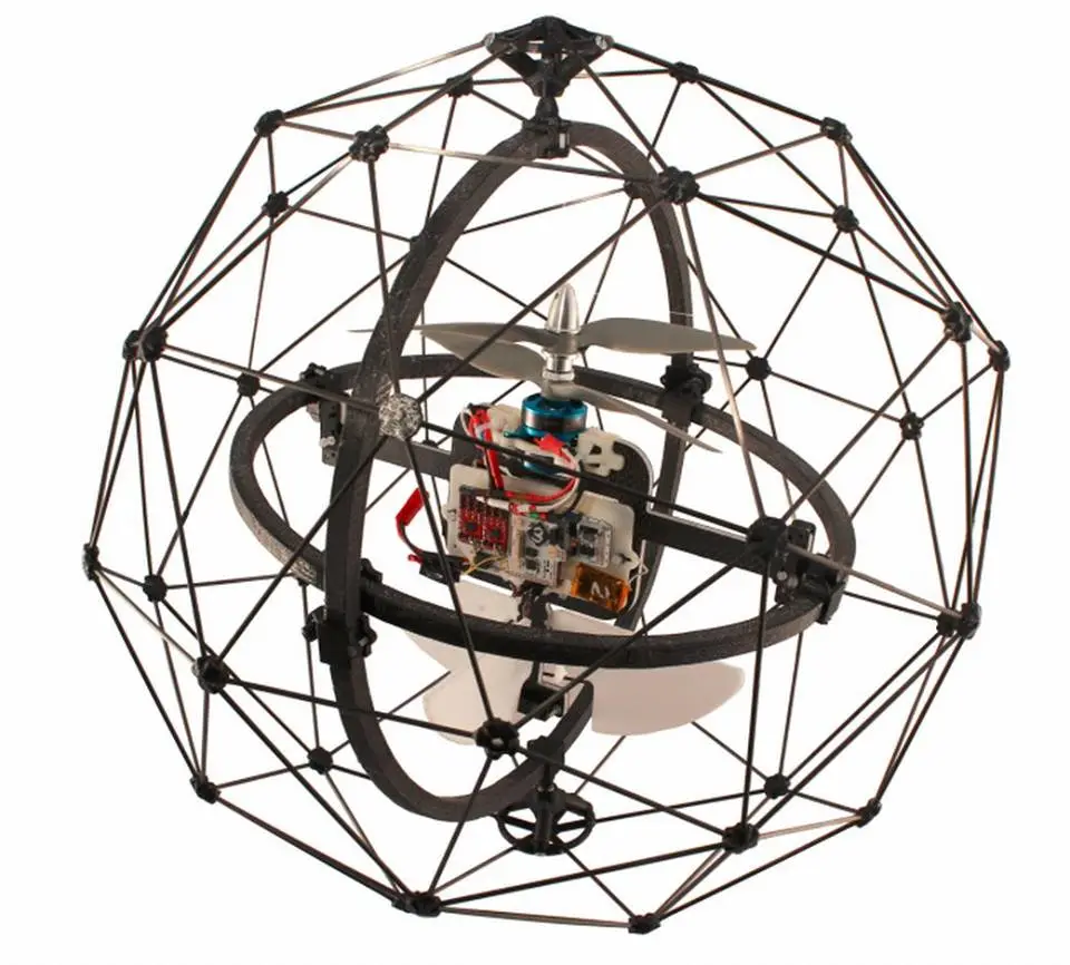 As the drone crashes into walls, beams and ceilings, the outer frame takes the impact and the drone remains stable