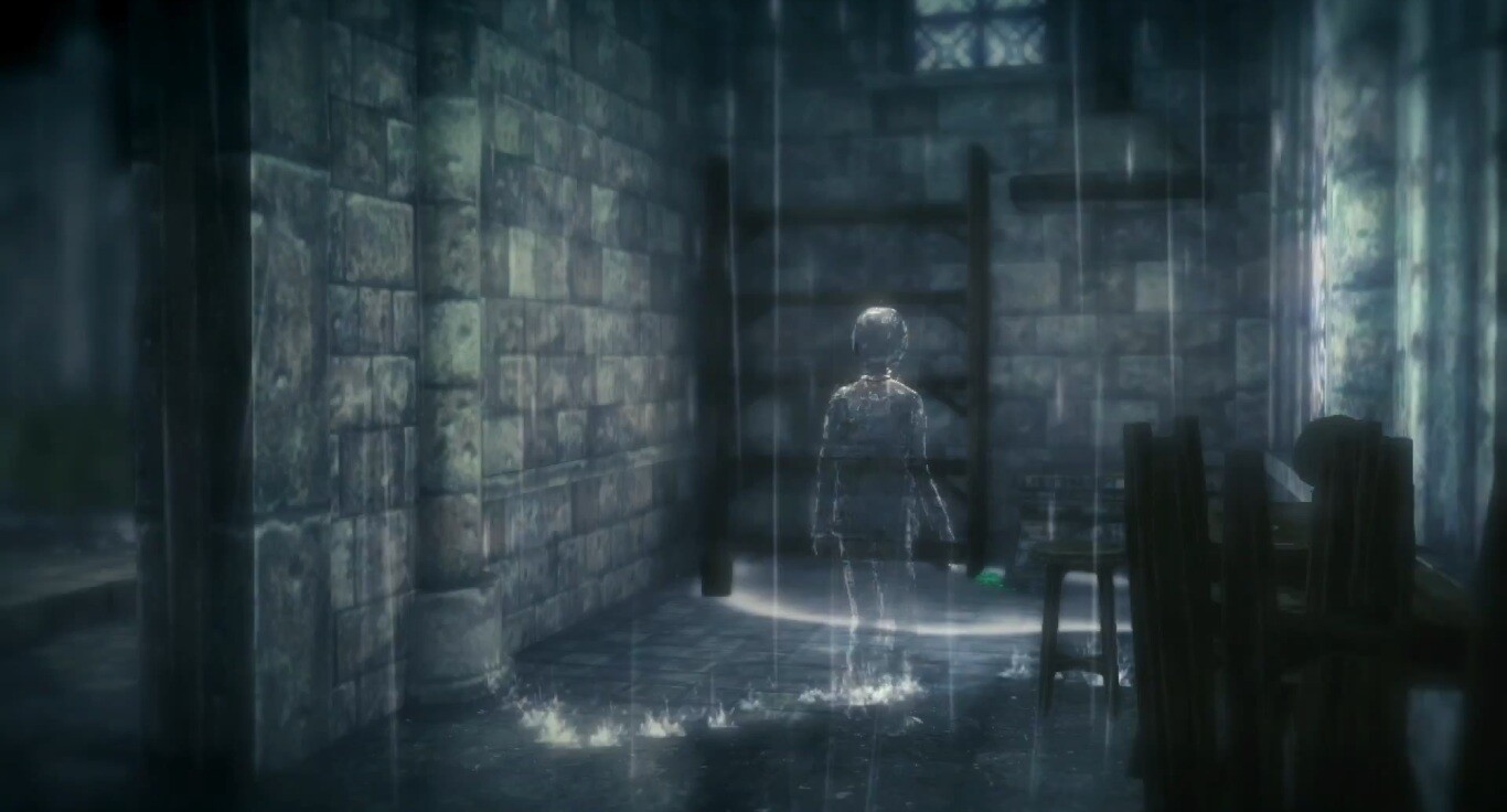 In rain, the main character's presence will mostly be shown as a silhouette in the rain, splashes in puddles, wet footsteps, and so on