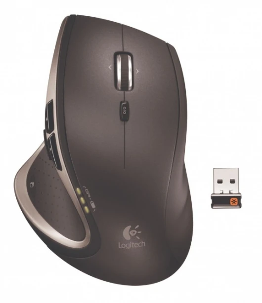 The Logitech Performance Mouse MX is a full-size mouse that operates on shiny surfaces