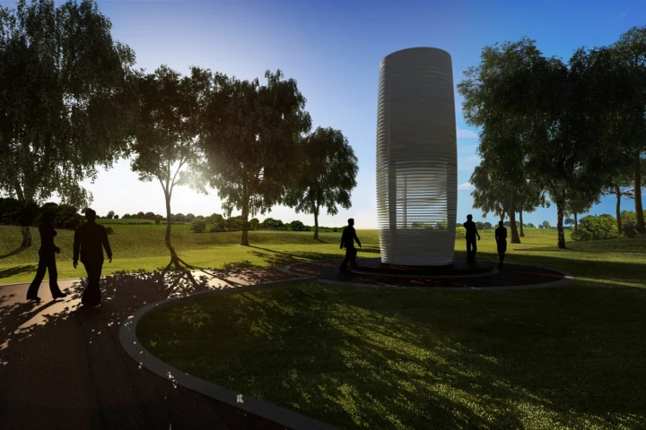 The Smog Free Tower is a planned 7 x 3.5 m (23 x 11.5 ft) structure that draws in dirty air and purifies it before expelling it back into the environment