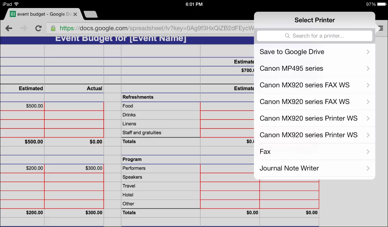The Google browser and mobile apps allow you to print from iOS