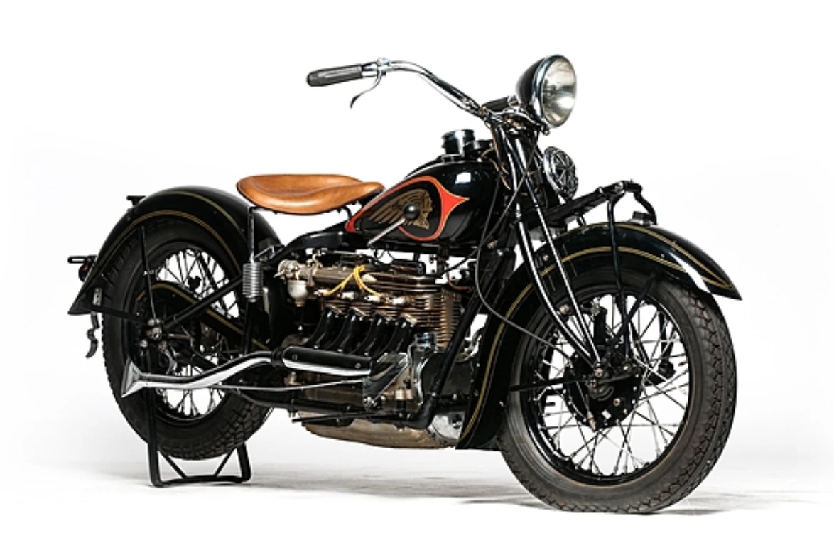 This 1935 Indian Model 435 four-cylinder is a magneto-igniton model and a rare machine, being produced for only half a year, before the new (and unloved) ‘upside down’ engine was introduced. It bears the beautifully skirted fenders and streamlined tank, which made the mid-'30s Indian range among the most beautiful motorcycles ever built. Estimated at $75,000 to $90,000, it sold for $126,500