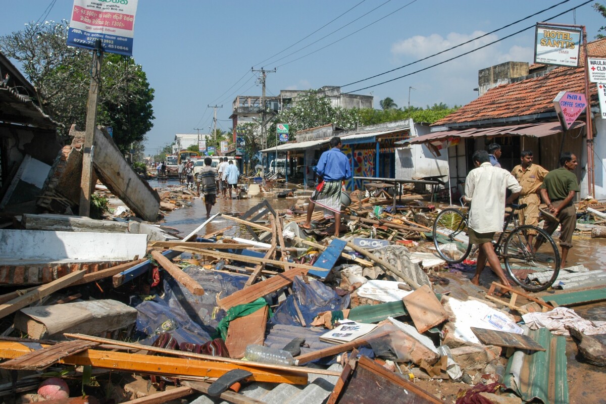 The aftermath of a tsunami that struck Sri Lanka in 2004