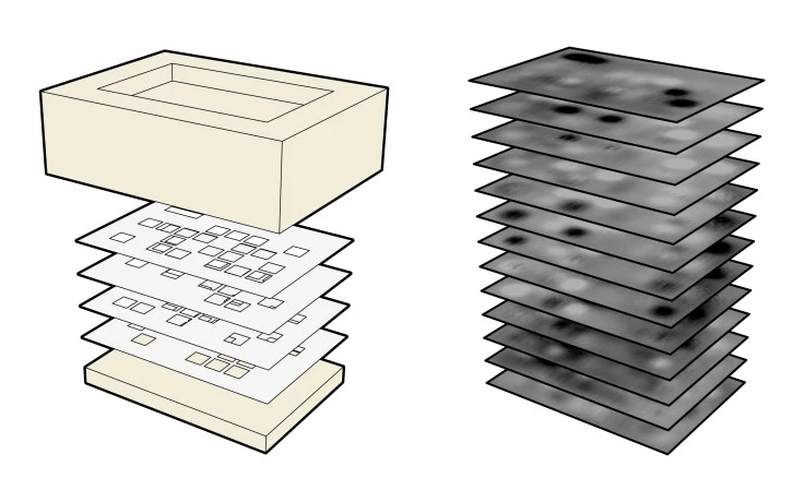 An illustration of InfraStructs (left) and the resulting terahertz scans (right) (Image: Karl Willis)