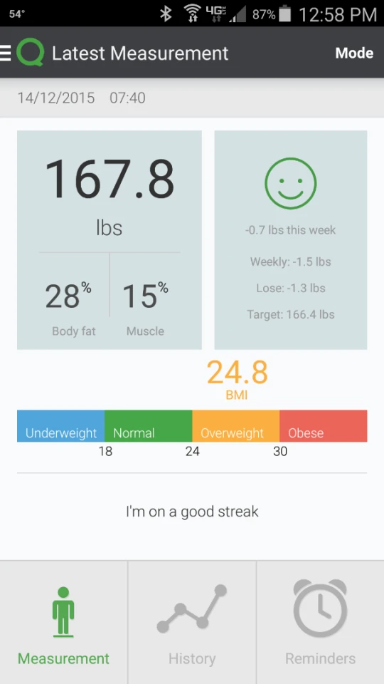 QuardioBase smart scale app screen after providing a measurement of weight, BMI, fat and muscle