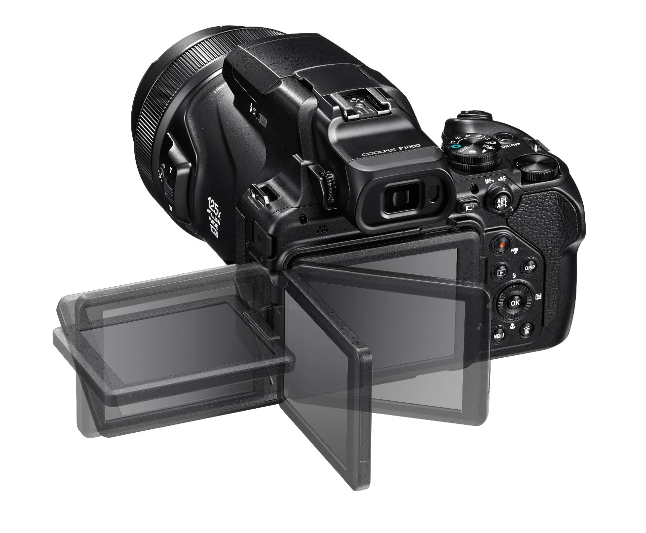 Framing up on the Coolpix P1000 can be undertaken on the 2.36 million dot OLED viewfinder or 3.2-inch, 921k-dot non-touchscreen tilting LCD panel