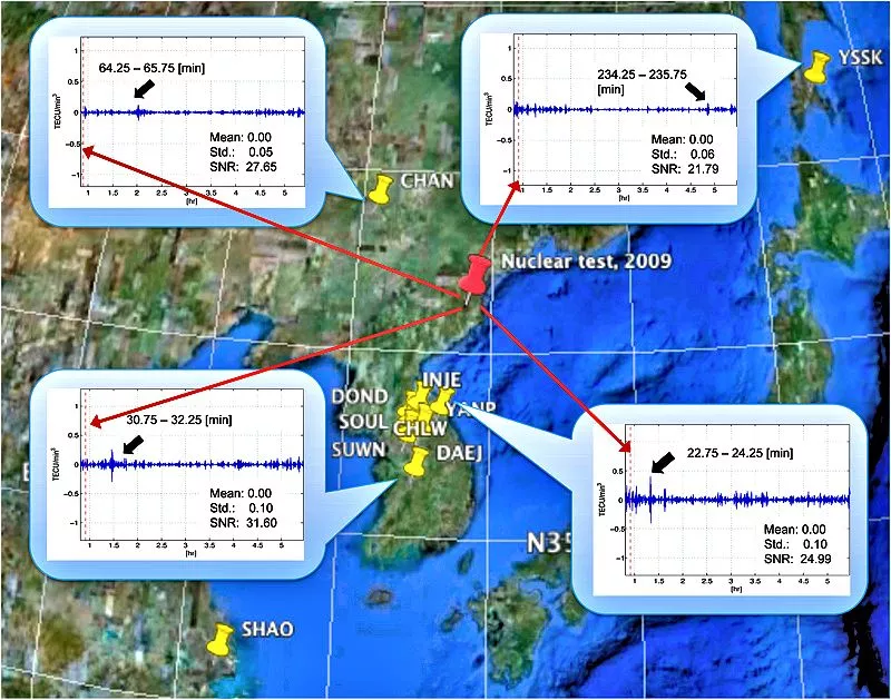 GPS signatures for traveling ionospheric disturbances associated with the 2009 North Korea underground nuclear test – the later arrival times at more distant GPS stations is interpreted as the speed of the disturbance (Image: Jihye Park, courtesy of Ohio State University)