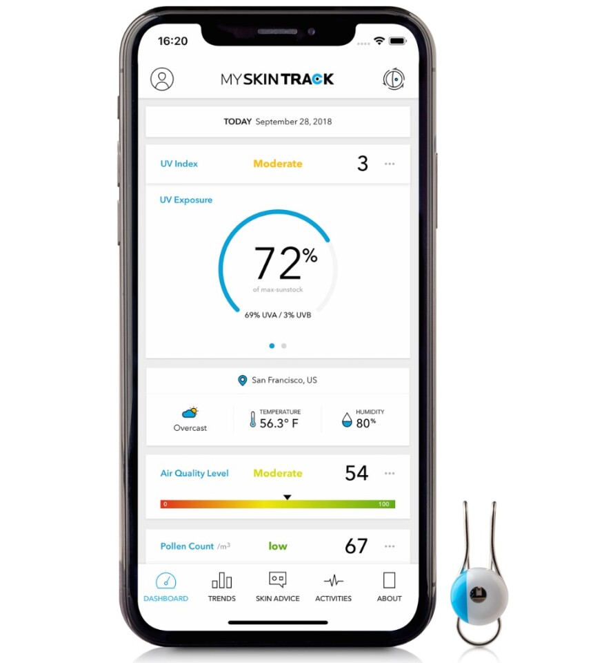 The My Skin Track UV app displays not only UV exposure over a given time period, but also information such as the local UV index, air quality index, pollen levels and humidity