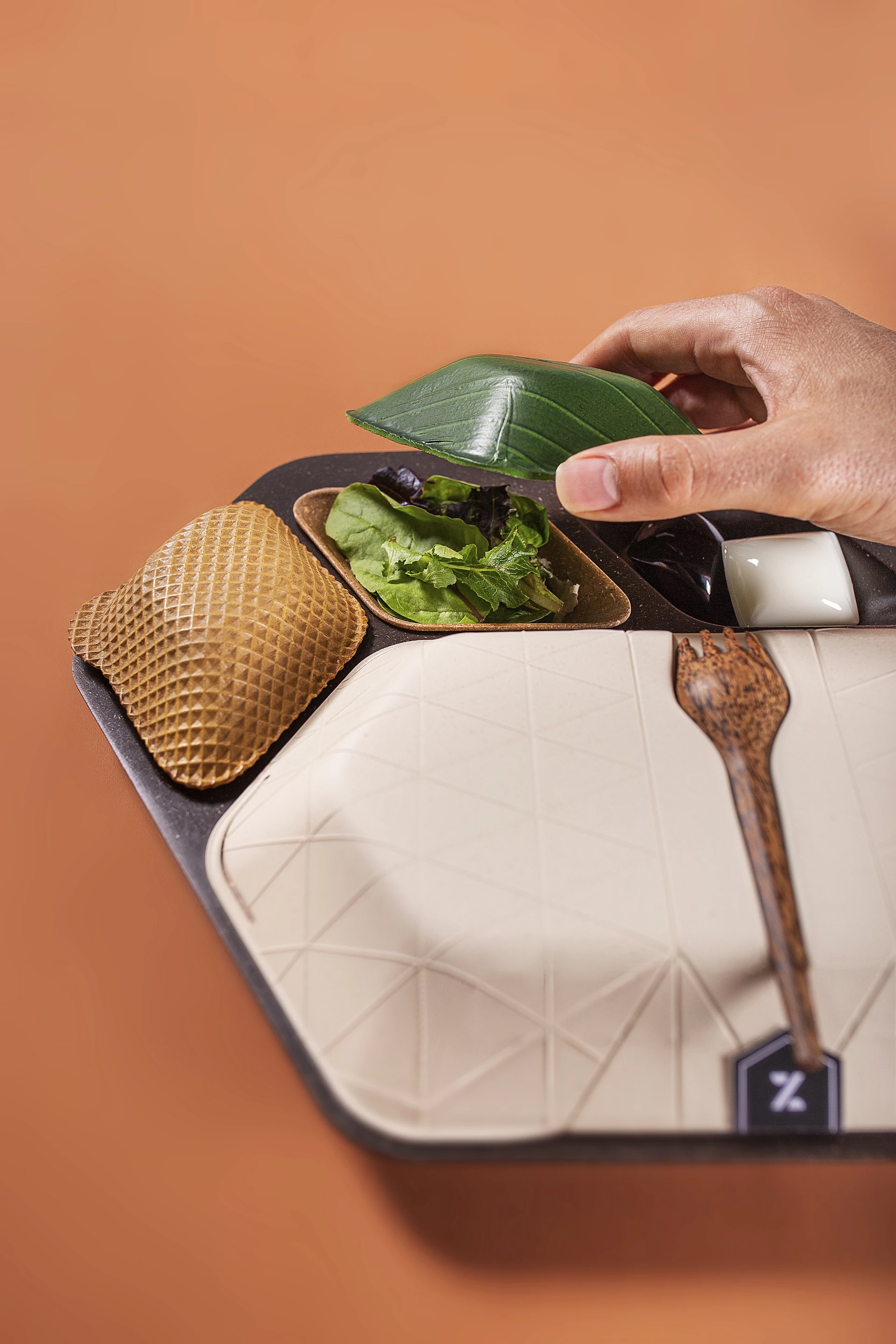 The final in-flight tray concept includes a side dish lid made from algae or banana leaf and an edible dessert lid made from wafer