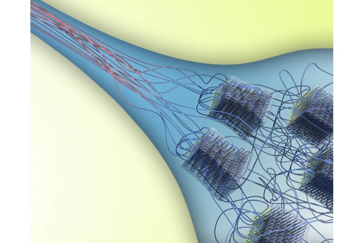 Pulling a thin thread of material (left) from a liquid solution (right), causes the individual polymer filaments to become very highly aligned (Image: Gang Chen)