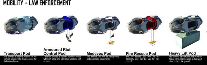 The pods used for transport around the Vertical Prison