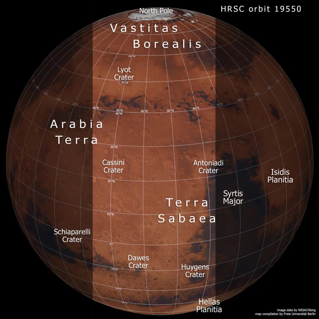 An annotated image of Mars showing prominent regions, and highlighting the region covered in the new mosaic