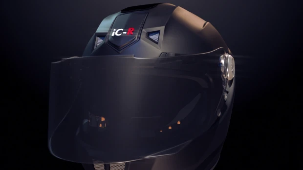 Intelligent Cranium's iC-R helmet - e-tint visor turns dark when a small voltage is applied