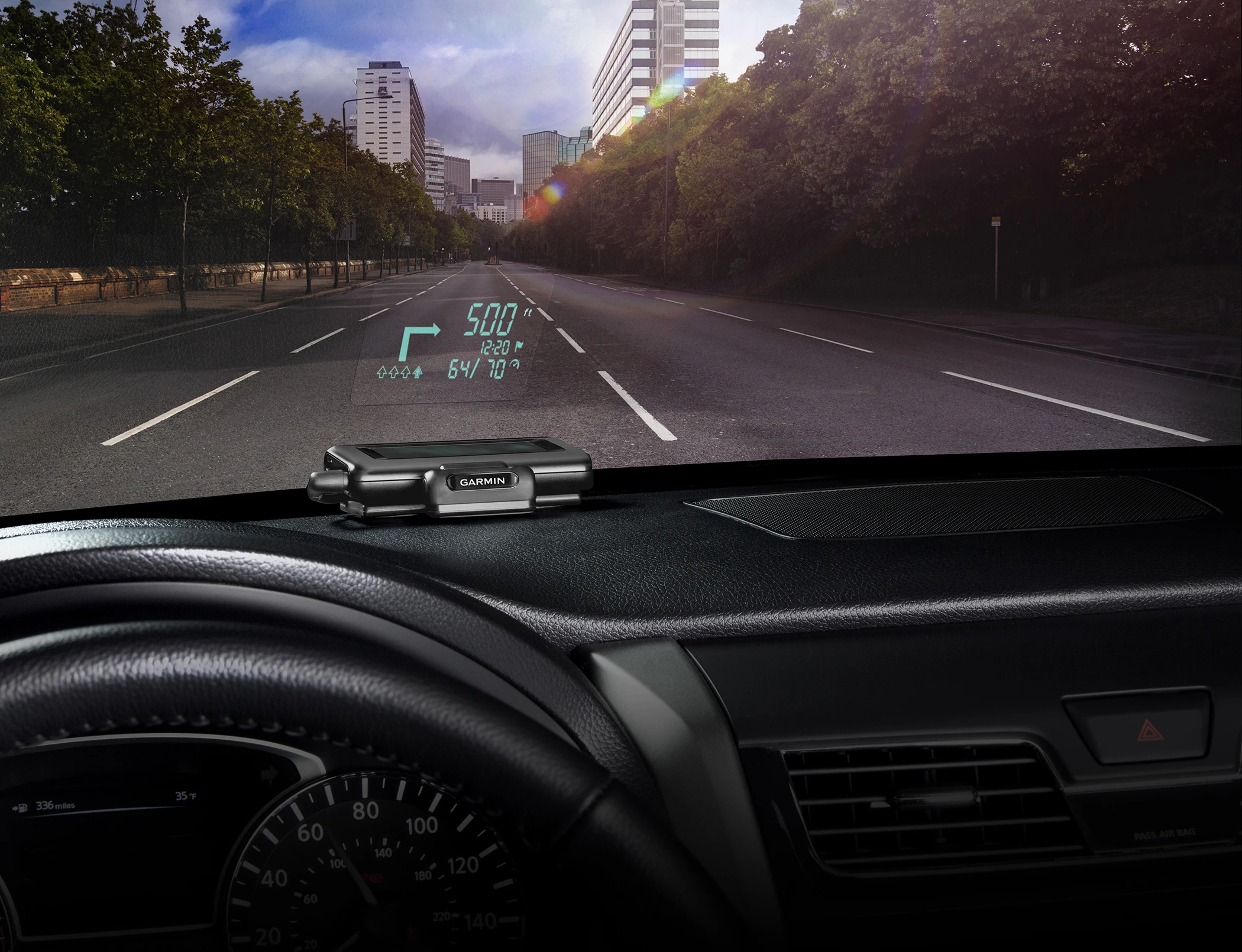 Garmin's portable HUD displays navigation information from a wirelessly linked smartphone on the inside of the windshield
