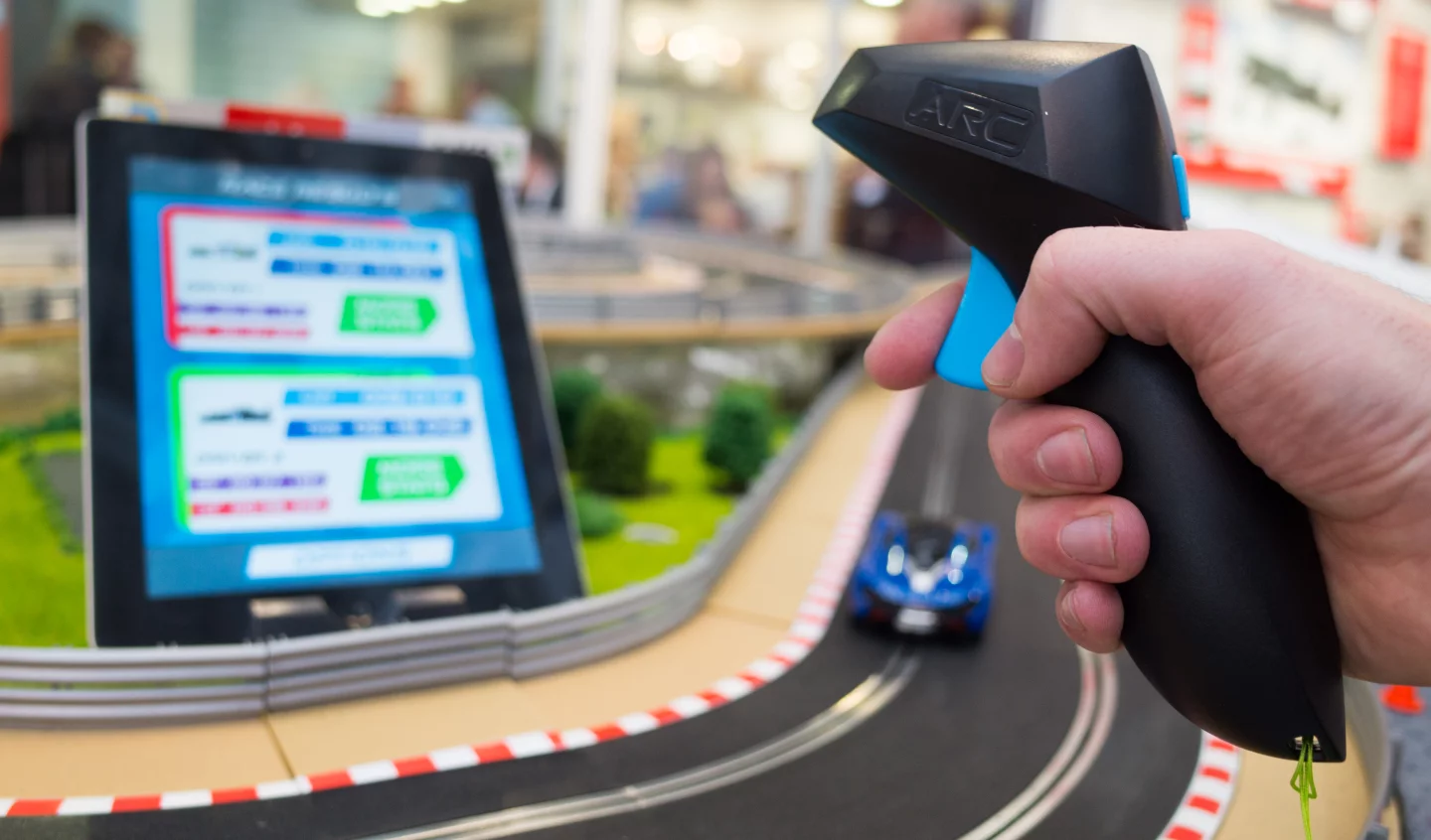 The app-enhanced makeover of Scalextric continued with a new ARC AIR system which uses a smartphone or tablet app to log lap times