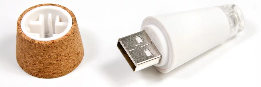 To recharge the bottlelight's integrated battery, you remove the LED section from the cork, then plug it into a USB cable or charger