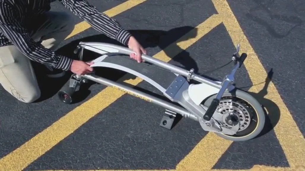 The handlebars and column can be folded down for transport or storage