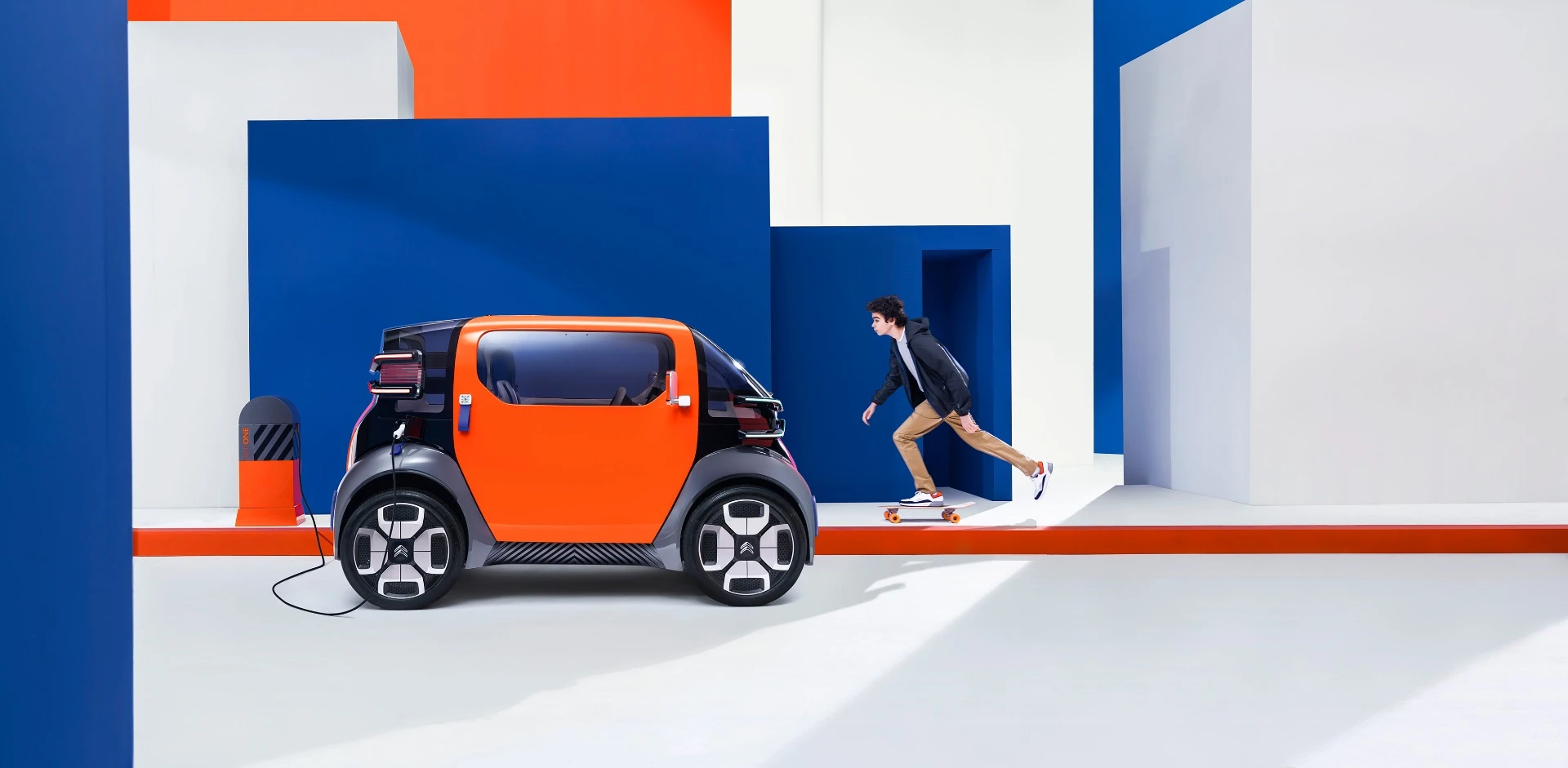 A battery built into the floor of the Ami One concept can be charged in as little as two hours and provide a 100-km-range (62 mi)