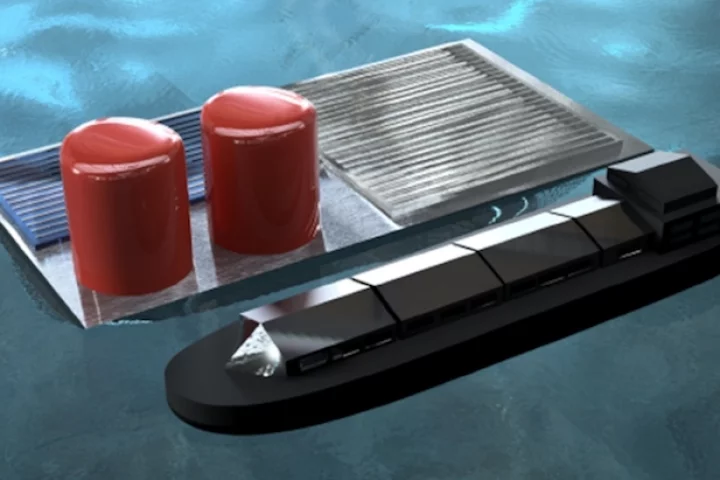 A computer render of a large-scale "floating solar rig," which captures sunlight through a photovoltaic cell and uses it to generate hydrogen through water electrolysis in the seawater it's floating on