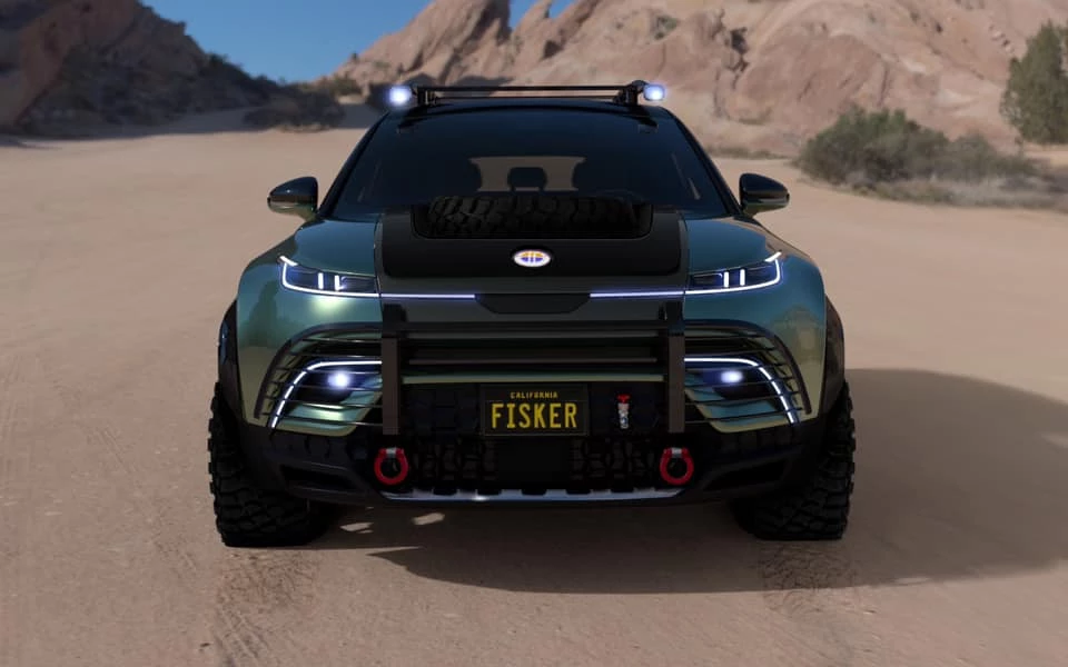 Fisker takes advantage of the empty engine bay to build a spare tire holder and add a fresh water system