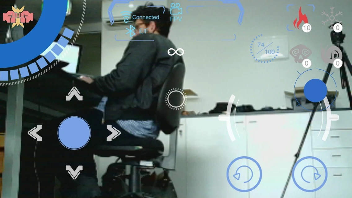 Geio can be driven from a first-person perspective: the joystick on the left steers, the one on the right aims the gun on the head and the two buttons under that rotate the wheels left or right