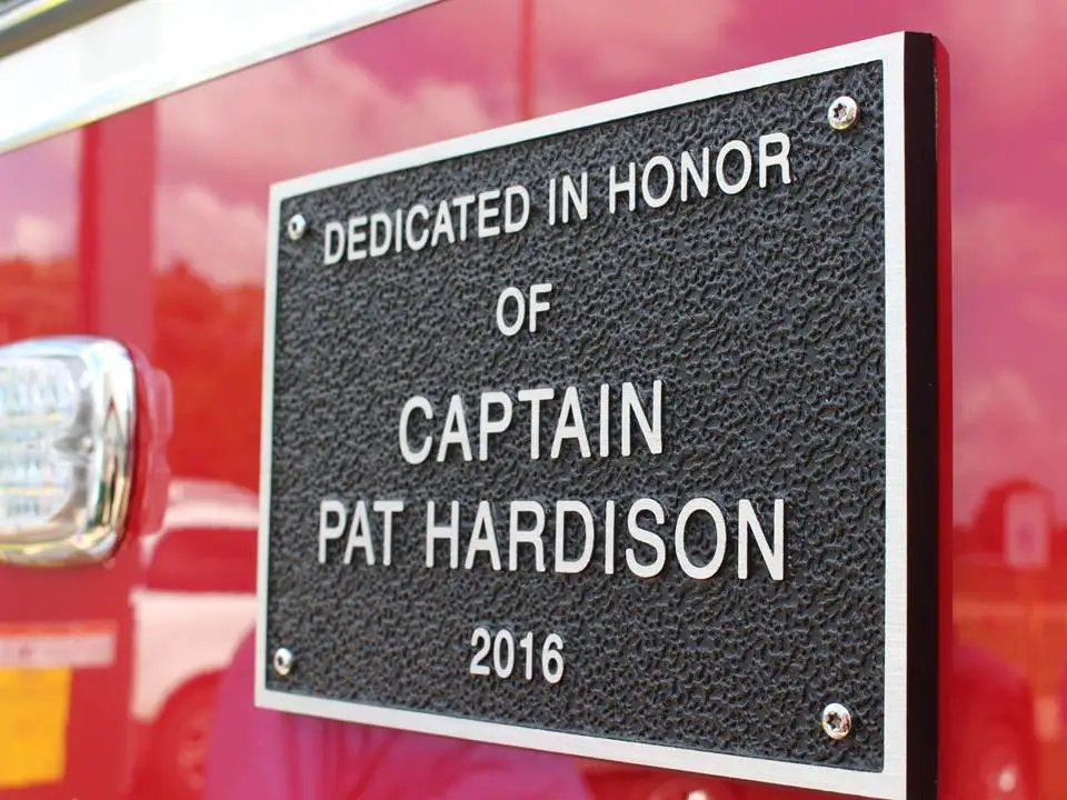 Fire engine plaque commemorating Hardison