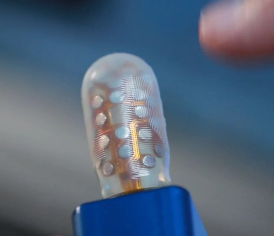 The BioTac sensor has a soft, flexible skin over a liquid filling