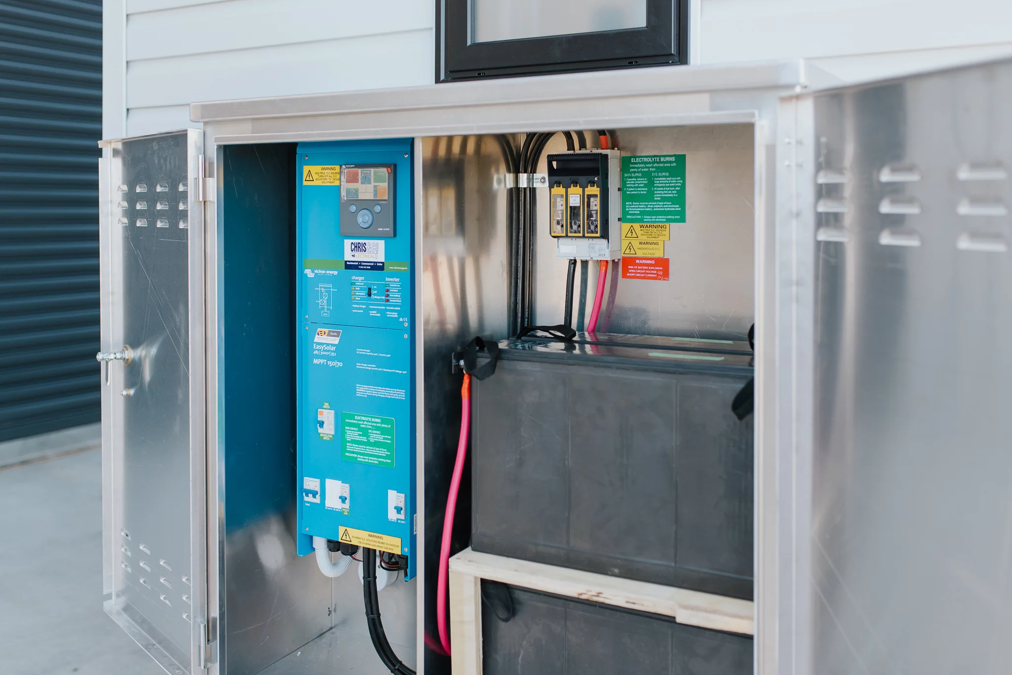 The Dreamweaver Tiny House's solar power inverter and batteries. The home also has a standard RV-